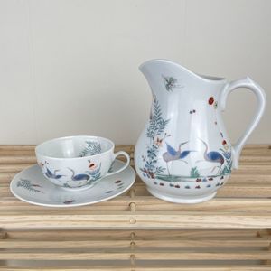 Limoges Porcelaine du Lys Royal Kakiemon Reproduction Pitcher Teacup Saucer‎ Set